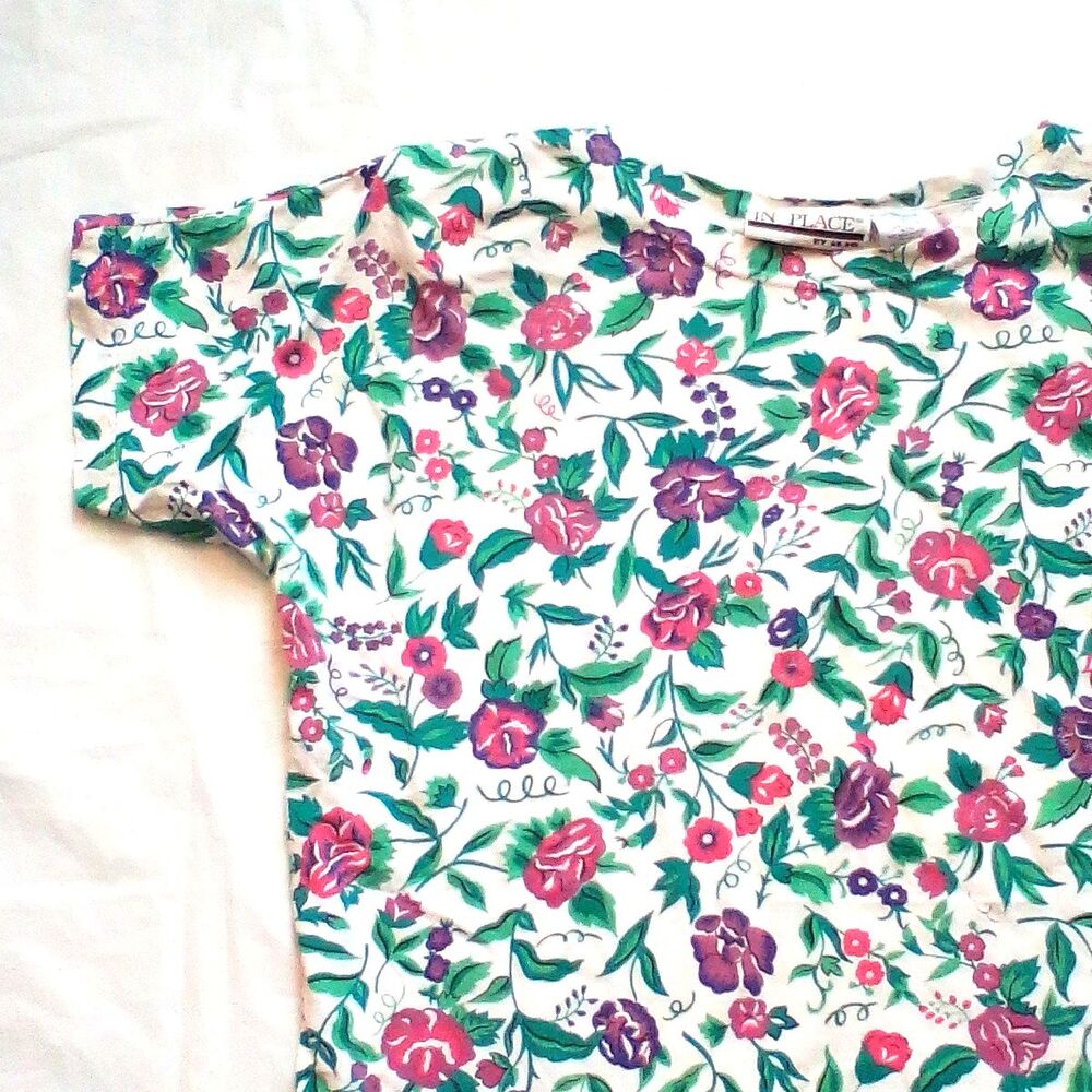 iLIO Women’s Large In Place Floral Print T-Shirt Short Sleeve Shoulder Pads - Picture 2 of 14